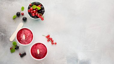 Berry smoothies bir ışık gri beton zemin üzerine taze kırmızı kuş üzümü ve metin için siyah gooseberry.place parlak kağıt bardak dondurulmuş. düz yatıyordu, en iyi görünümü