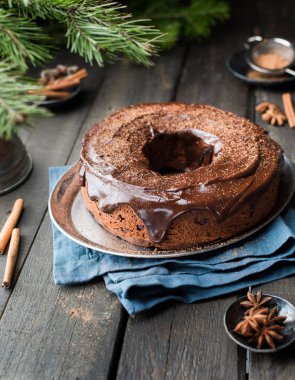 Çikolatalı kek ile fındık, kızılcık, çikolata ganache ve köknar ağacı ve baharat koyu ahşap zemin üzerine kakao tozu. Noel dekor tablo. Kış xmas tatil kavramı. Şenlikli ruh hali