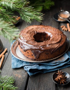 Çikolatalı kek ile fındık, kızılcık, çikolata ganache ve köknar ağacı ve baharat koyu ahşap zemin üzerine kakao tozu. Noel dekor tablo. Kış xmas tatil kavramı. Şenlikli ruh hali