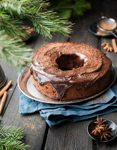Çikolatalı kek ile fındık, kızılcık, çikolata ganache ve köknar ağacı ve baharat koyu ahşap zemin üzerine kakao tozu. Noel dekor tablo. Kış xmas tatil kavramı. Şenlikli ruh hali