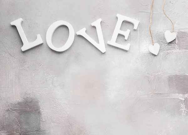 Valentinstag Hintergrund Mit Weißen Herzen Und Hölzernen Buchstaben Liebe Romantische — Stockfoto