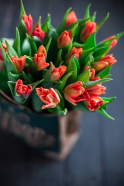 Bir kağıt torba koyu ahşap bir arka plan üzerinde kırmızı lale buketi. Bahar! Tazelik! Güzel bir buket çiçek. Metin için yer. Kartı orijinal arka plan veya kart. Vintage ülke rustik tarzı