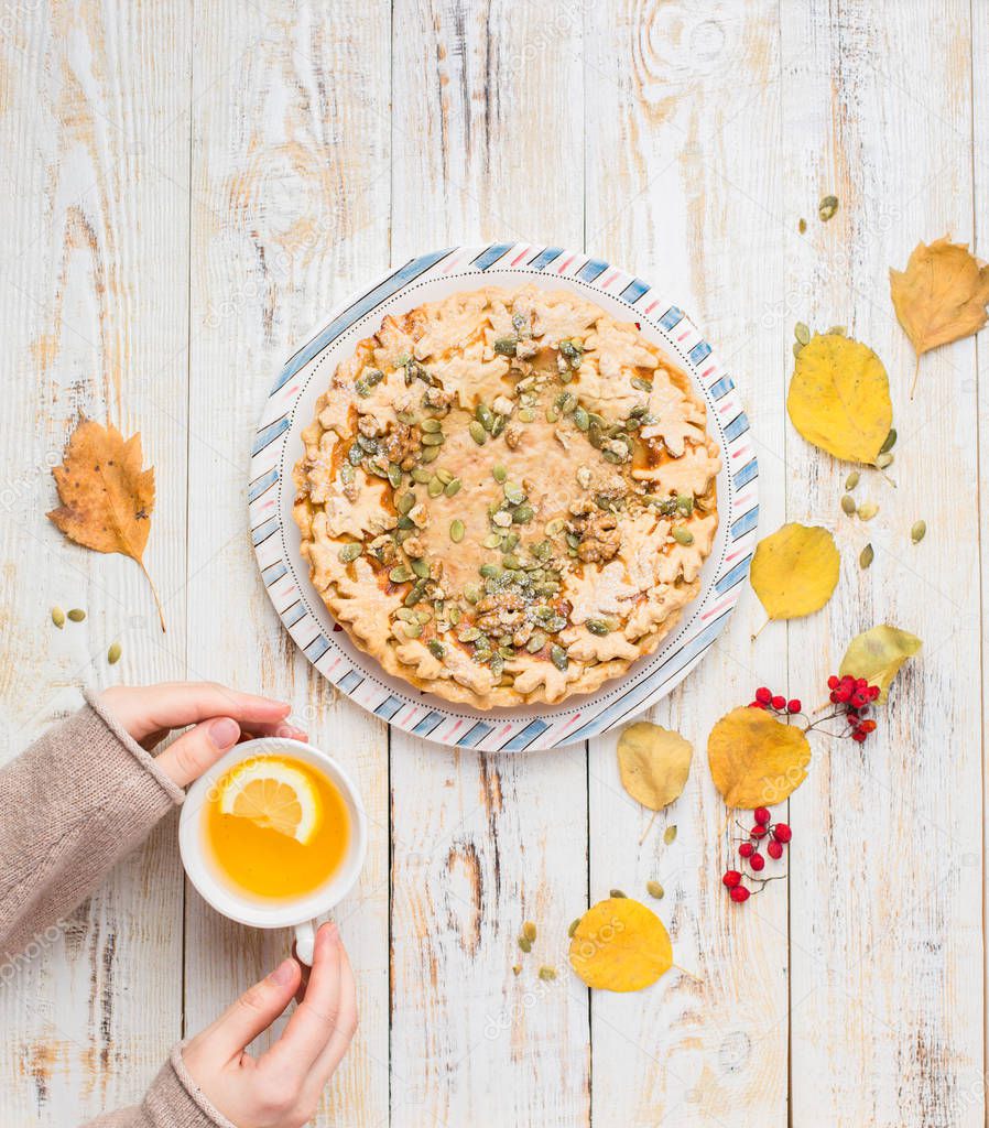 Autumn background with pumpkin pie, hot tea, yellowed leaves, book and rug. Perfect sunny autumn. A wooden light white autumn background for you.Copy Space. Place for text. Flat lay, top view