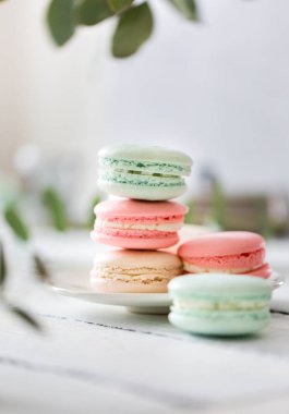 Beyaz tabak kopya alanı için arka plan ile ahşap masa koymak renkli Fransızca veya İtalyanca macarons yığını. Tatlı için öğleden sonra çay veya kahve molası ile servis. Güzel yemek arka plan boş.