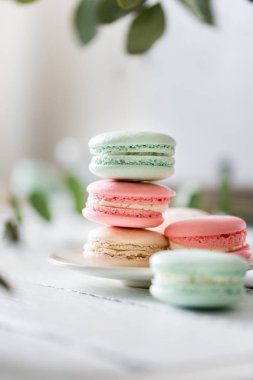 Beyaz tabak kopya alanı için arka plan ile ahşap masa koymak renkli Fransızca veya İtalyanca macarons yığını. Tatlı için öğleden sonra çay veya kahve molası ile servis. Güzel yemek arka plan boş.