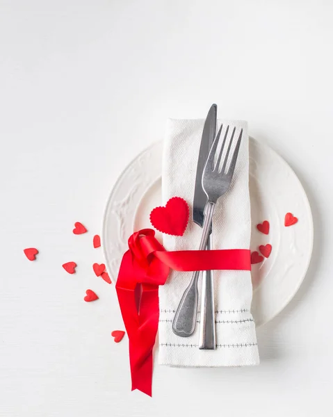 Día San Valentín Boda Fondo Comida Con Corazones Tenedor Cuchillo — Foto de Stock