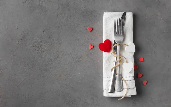 Día San Valentín Boda Fondo Comida Con Corazones Tenedor Cuchillo — Foto de Stock