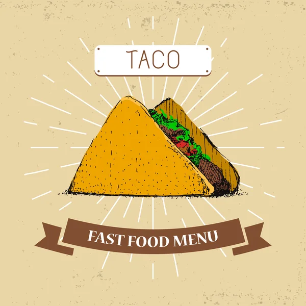 Taco ilustración vectorial de comida rápida en estilo vintage, mostrando comida con inscripción , — Vector de stock