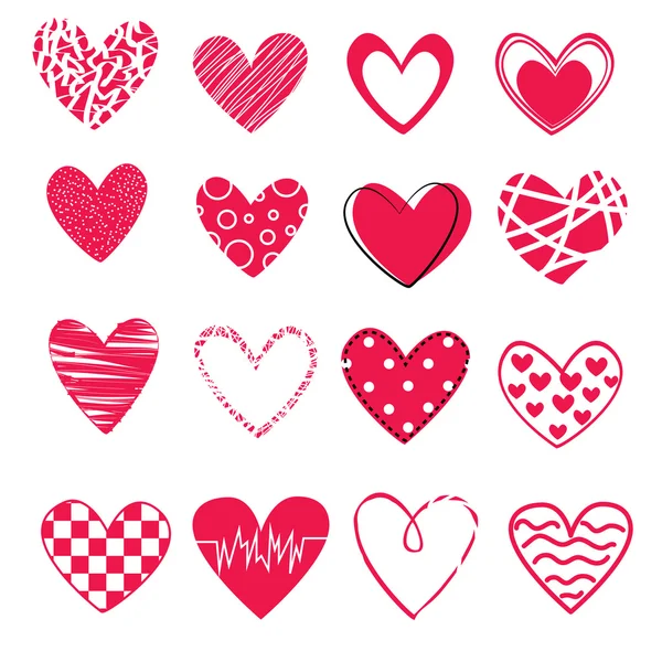 Conjunto de 16 corazones diferentes aislados sobre fondo blanco, iconos para el día de San Valentín — Archivo Imágenes Vectoriales