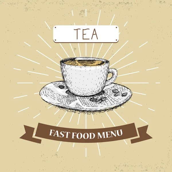 Kaffe snabbmat vektorillustration i vintagestil, visar måltid med inskription, — Stock vektor