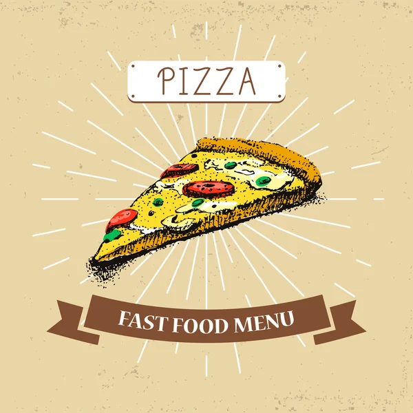 Pieza de pizza vector de comida rápida ilustración en estilo vintage, mostrando comida con inscripción , — Vector de stock