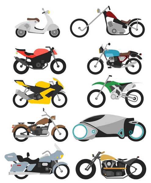 Conjunto de 10 motocicletas aisladas en blanco en estilo plano moderno — Vector de stock