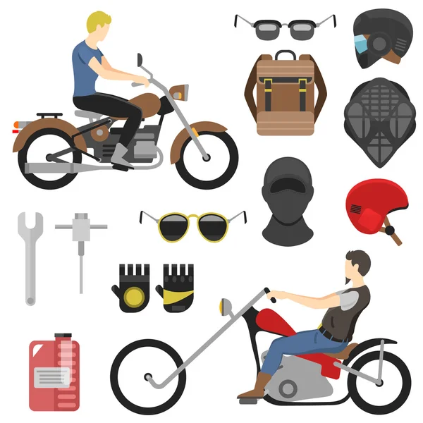 Μοτοσικλετιστής σύνολο, iclude εργαλεία, γυαλιά, κράνος, κουκούλα, σακίδιο — Διανυσματικό Αρχείο