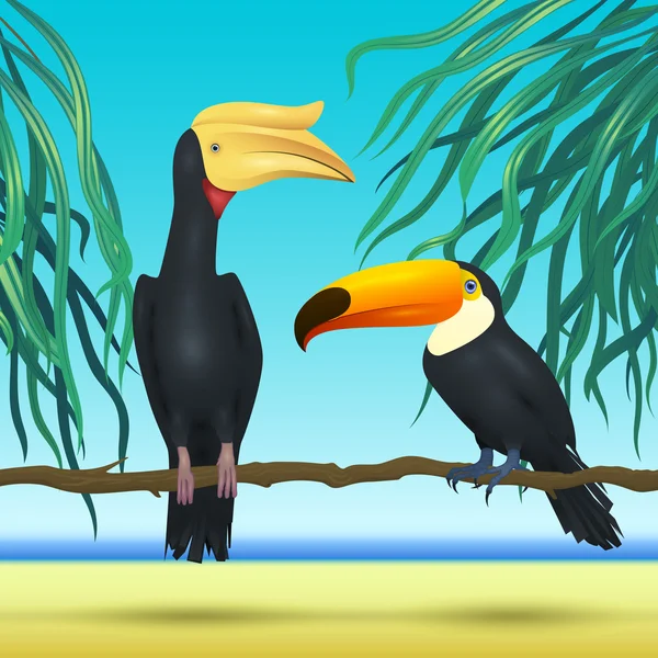 Toco tucán y rinoceronte, pico, pájaros realistas sentados en el fondo tropical rama con mar de playa — Vector de stock