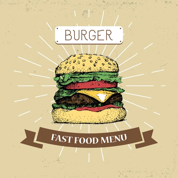 Hamburger, burger fast food vektorové ilustrace ve stylu vintage, ukazující — Stockový vektor