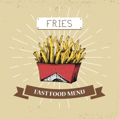 Patates kızartması lokanta vektör çizim vintage tarzı, yemek yazıt ile gösterilen,