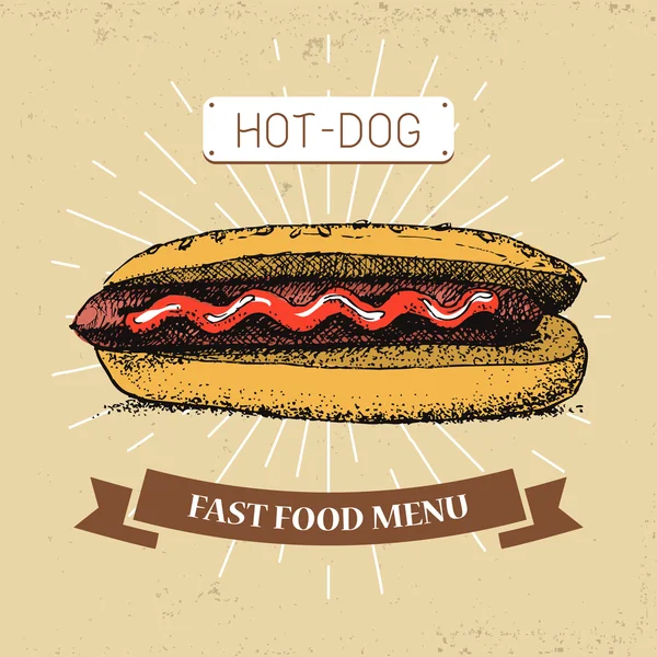 Hot-dogfast potraviny vektorové ilustrace ve stylu vintage, zobrazeno jídlo s nápisem, — Stockový vektor