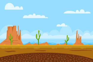 game flat background shows desert and monument valley in usa, sun, cactuses, mountains, sky clipart