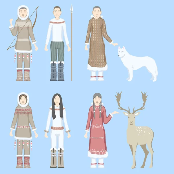 Personnages eskimos femmes et hommes vêtus de costumes nationaux avec armes ethniques animaux rennes loup blanc — Image vectorielle