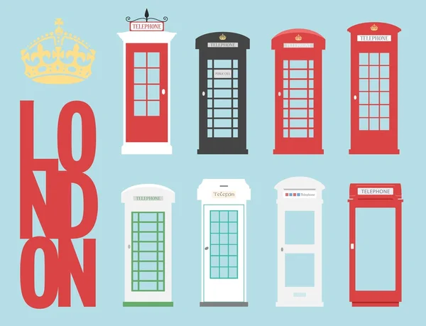 Set Regno Unito Telefoni Box Londra concetto di parola vettoriale chiamata pubblica — Vettoriale Stock
