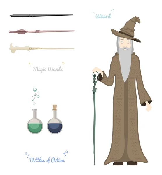 Magic wizard met stenen en dingen magisch, kristallen bol, wands, hatvector illustratie. — Stockvector