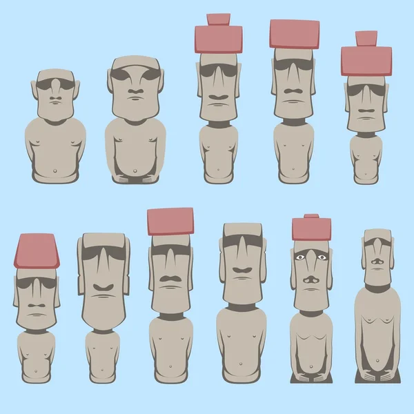 Conjunto de figuras humanas monolíticas Moai talladas por el pueblo Rapa Nui en la isla polinesia chilena Pascua — Archivo Imágenes Vectoriales