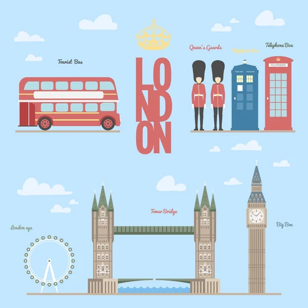 London travel info grafica Illustrazione vettoriale del e simboli, ponti, big-ben, cabine telefoniche, autobus, guardie regina, occhio — Vettoriale Stock