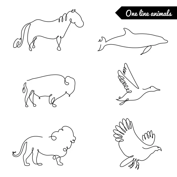 Одна линия животных набор, логотипы векторные акции иллюстрации с дельфином, львом, уткой, орлом, и другие — стоковый вектор