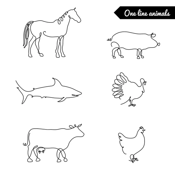Bir çizgi hayvanlar seti, logolar vektör stok illüstrasyon at, domuz, hindi,, tavuk, köpekbalığı, ve diğer — Stok Vektör