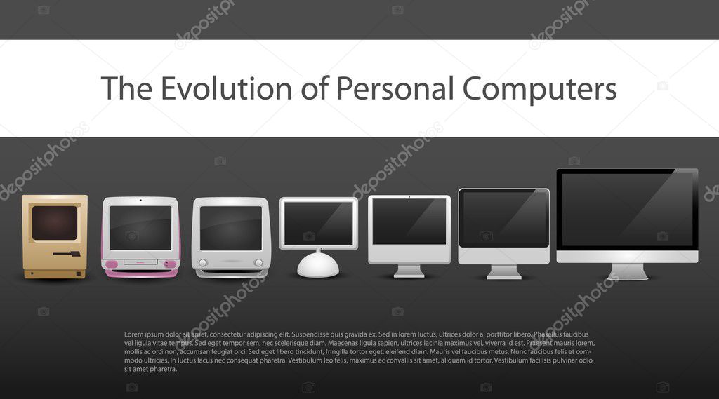The evolution of computers 7 different types   from 20-th century to now monitors included computer new  old  modern  contemporary