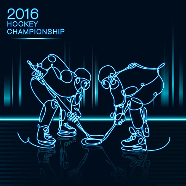 Ice Hockey 2016 Championship concept art uma linha de jogadores com efeito neon,, jogador de, luz,, campeão, copo —  Vetores de Stock