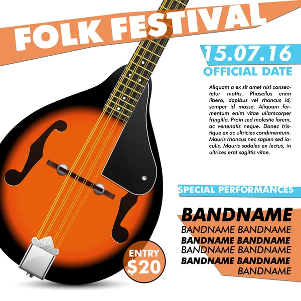 Mandoline Festival poster Battle live concert akoestische folk muziek indie modern — Stockvector