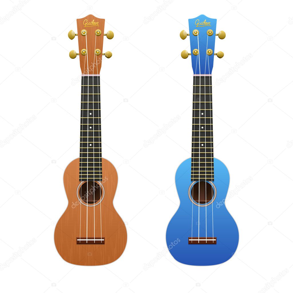 Two realistic ukuleles isolated on white