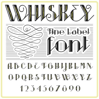 Viski etiket yazı tipi ve örnek etiket tasarımı. vintage siyah-altın renkleri, düzenlenebilir ve katmanlı yazı arıyorum