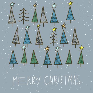 15 farklı köknar ayarla, Noel ağaçları karlı zemin üzerine çizilmiş tarzı el