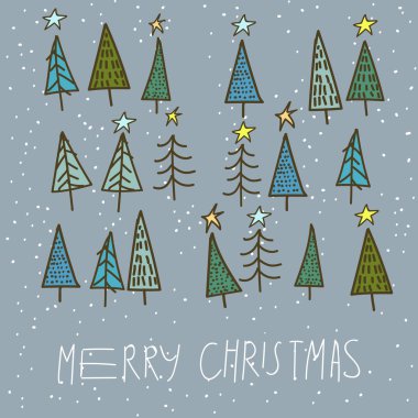 15 farklı köknar ayarla, Noel ağaçları karlı zemin üzerine çizilmiş tarzı el