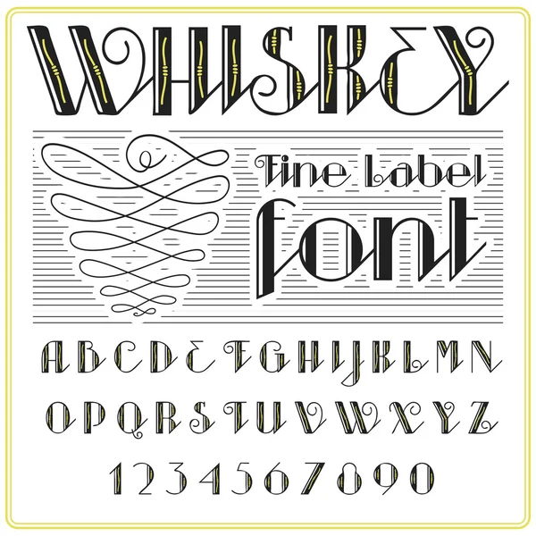 Whiskey label font and sample label design. vintage looking typeface in black-gold colors, editable and layered — Stock Vector