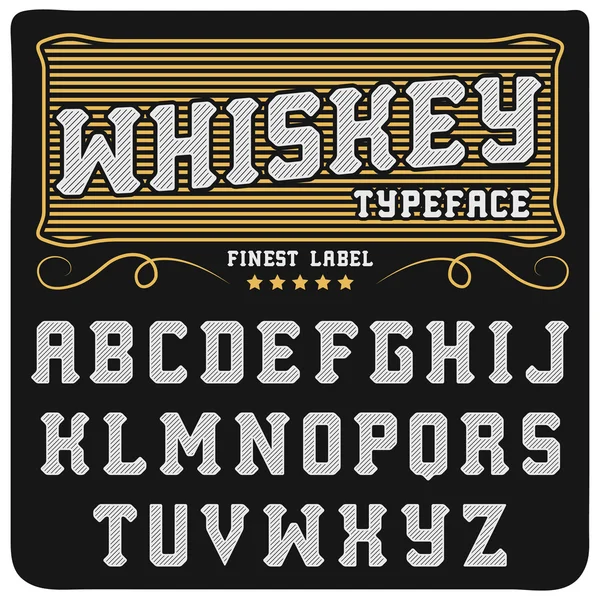 Whiskey label font and sample label design. vintage looking typeface in black-gold colors, editable and layered — Stock Vector