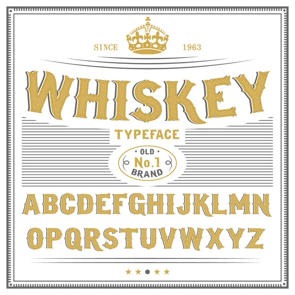 Whiskey label font and sample label design. vintage looking typeface in black-gold colors, editable and layered — Stock Vector