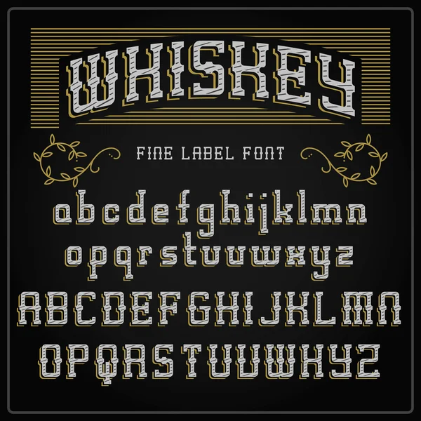 Whiskey label font and sample label design. vintage looking typeface in black-gold colors, editable and layered — Stock Vector