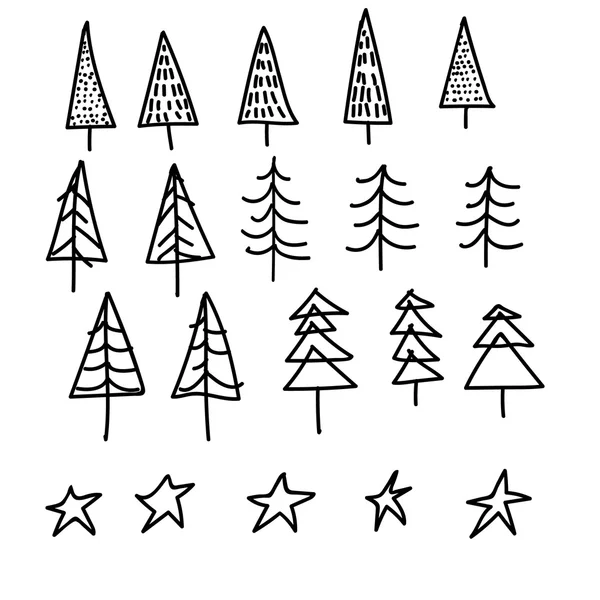 Conjunto de 15 abetos diferentes, árboles de Navidad estilo dibujado a mano sobre fondo nevado — Vector de stock