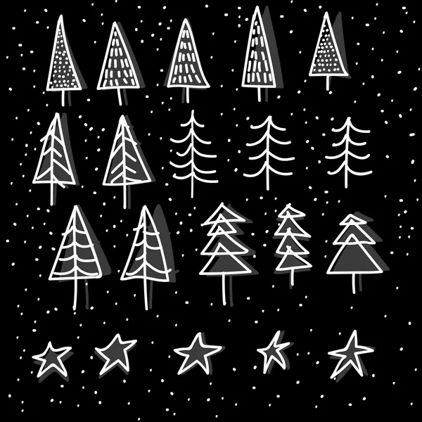 Jeu de 15 sapins différents, sapins de Noël dessinés à la main sur fond neigeux — Image vectorielle