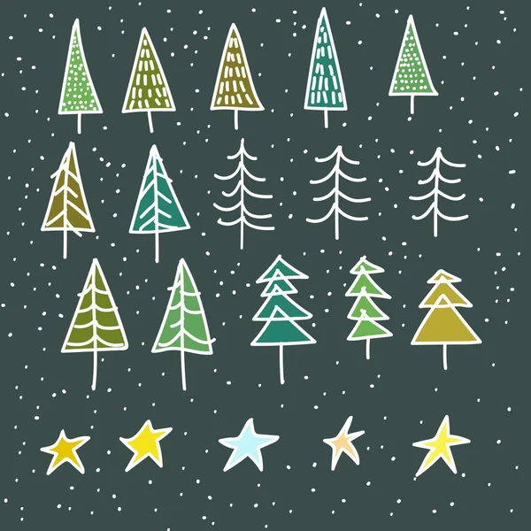 Jeu de 15 sapins différents, sapins de Noël dessinés à la main sur fond neigeux — Image vectorielle