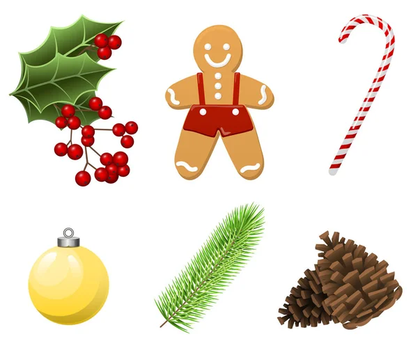 전통적인 현실적인 만화 음식 및 것, 진저 브레드 남자, 사탕, 지점, 크리스마스 공, Cristmas 세트 딸기 — 스톡 벡터