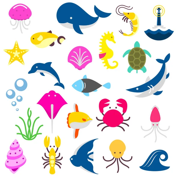 Peces y bestias aislados del mar, tiburones, cangrejos, pulpos, delfines, ballenas, tortugas, peces, tranquilos, medusas — Vector de stock