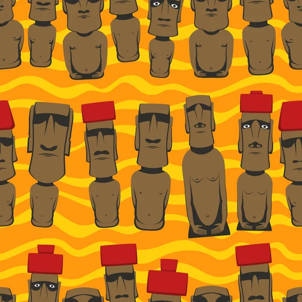 Dibujos animados de estilo plano Isla de Pascua Rapa Nui fondo sin costuras con Moai, patrón de colores tropicales — Vector de stock