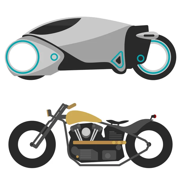 Dos motocicletas aisladas en motocicleta blanca, moderna, futurista y vieja motocicleta retro — Vector de stock