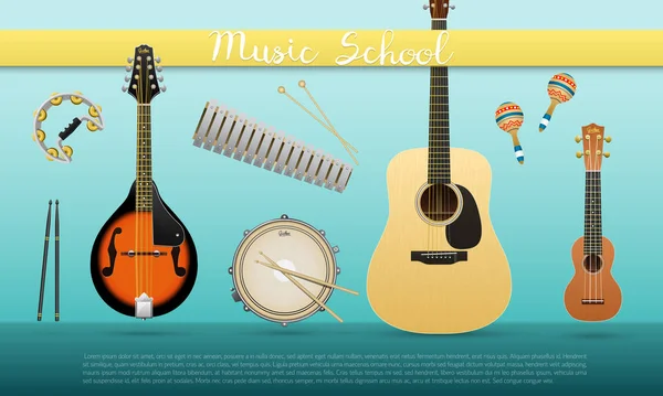 Banner realista con instrumentos musicales con signo Escuela de Música guitarra acústica, ukelele, mandolina, tambor de caja, maracas, pandereta — Vector de stock