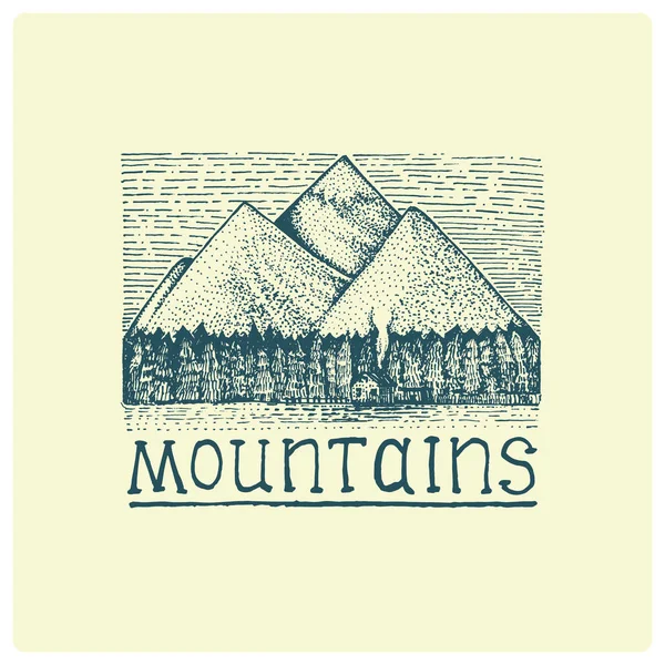 Montañas con la casa y el bosque grabado, ilustración vectorial dibujado a mano en estilo rayón de madera, dibujo vintage — Vector de stock