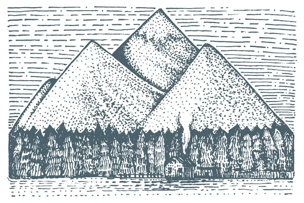 Montanhas com casa e floresta gravada, ilustração vetorial desenhada à mão no estilo de arranhão de xilogravura, desenho vintage — Vetor de Stock